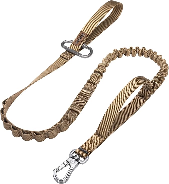 EXCELLENT ELITE SPANKER Tactical Bungee Dog Leash Military Adjustable Dog Leash Quick Release Elastic Leads Rope with 2 Control Handle(Coyote Brown)-PawvioPets