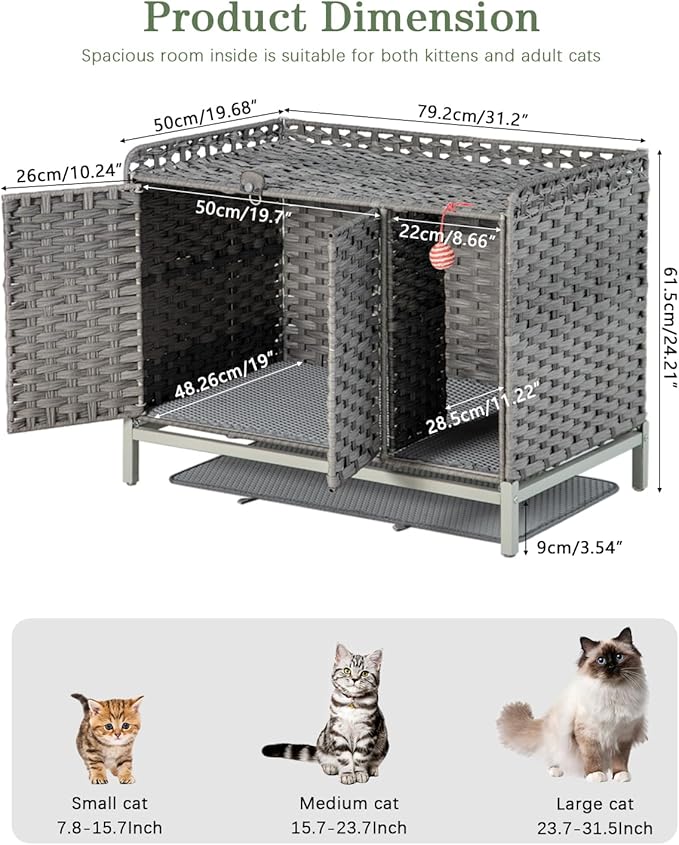 Cat Litter Box Enclosure Furniture with Divider, Handwoven Rattan Litter Box with Mat, 31.2 x 19.6 x 24.2 Inches, Metal Heightened Feet, Hidden Cat House for Living Room, Bedroom (Gray)-PawvioPets