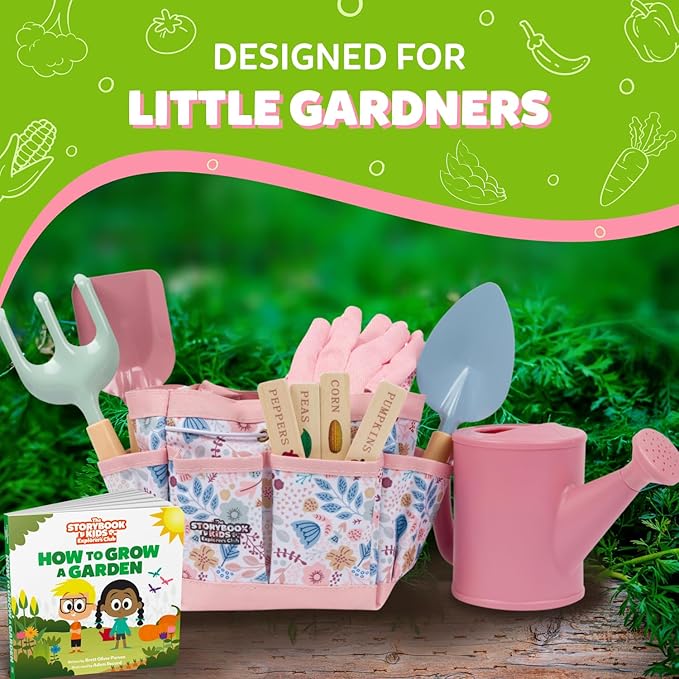 Floral Garden Kit Tools - Includes Sturdy Tote Bag, Watering Can, Gloves, Shovels, Rake, and Delightful Children's Book - Kids Garden Tool Set -Easter Gifts for Toddler Age on up-PawvioPets