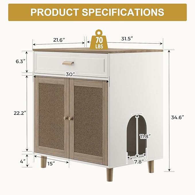 Cat Litter Box Enclosure Furniture Hidden - Indoor 2-in-1 Wooden Cat House & Washroom Cabinet with Scratching Board Doors and Drawer, 31.5”x21.6”x34.6”H-PawvioPets