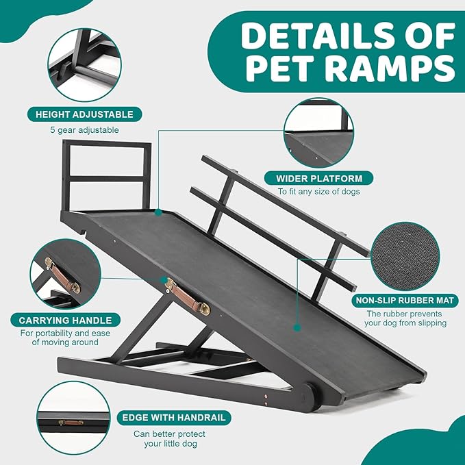 Dog Ramp for Bed, Adjustable Pet Ramps for Dog to Get on Bed, Non-Slip Rubber Surface - Folding Wooden Dog Ramp for Small/Large/Old Dogs, Adjustable up to 23.5 inch High Beds, Safety Railings-PawvioPets