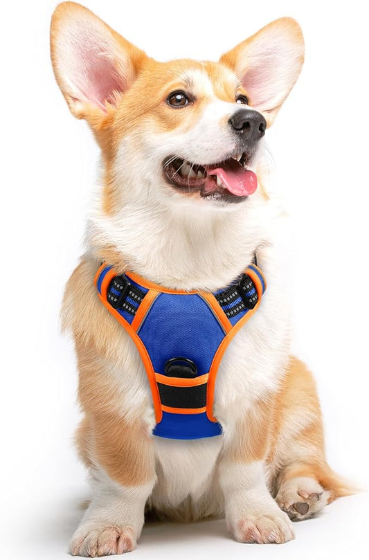 Eagloo Dog Harness for Large Dogs, No Pull Service Vest with Reflective Strips and Control Handle, Adjustable and Comfortable for Walking, No Choke Harness with 2 Metal Rings, Blue & Orange, M-PawvioPets