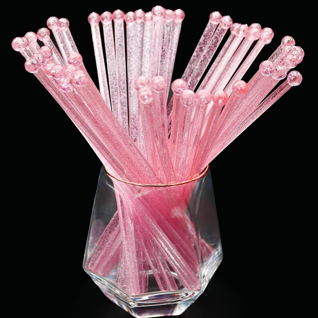 50-PCS Pink Glitter Plastic Swizzle Sticks, Crystal Cake Pops, Cocktail Coffee Drink Stirrers, Lolipop Stick, for Valentines Day Christmas Party, 7.24 Inch