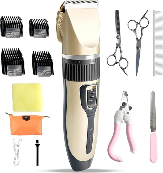 Dog Pet Grooming Kit Low Noise - Cordless Rechargeable Clippers for Dogs/Cats - Upgraded Accessory Version with Two Scissors and a Storage Bag (Gold)-PawvioPets
