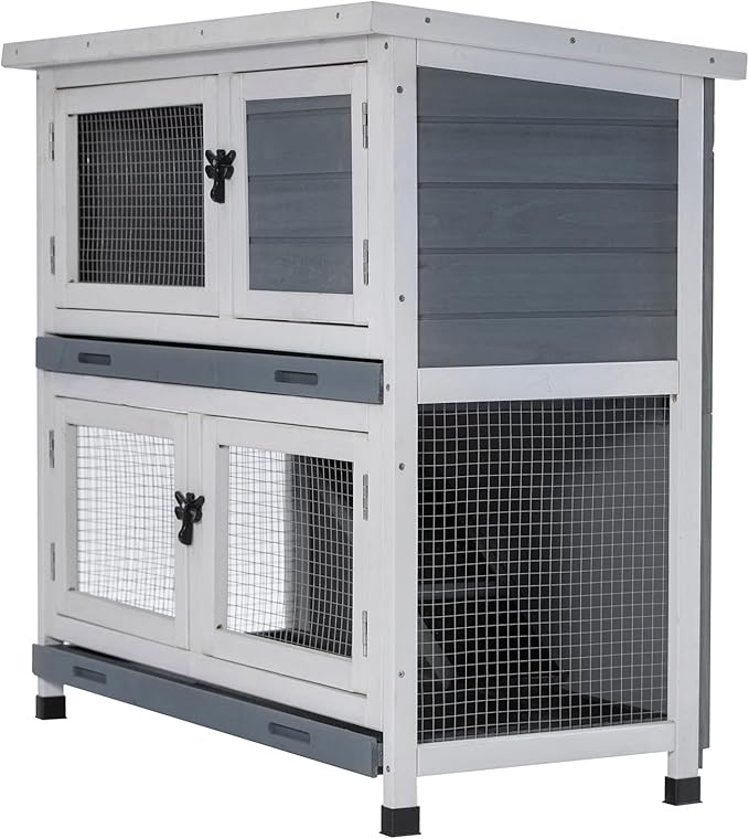 2 Story Solid Wood Rabbit/Bunny Hutch with 2 Large Main Rooms, Indoor Outdoor Rabbit House Guinea Pig Cage Pet House for Small Animals with Ventilation Door Removable Tray Waterproof Roof (Grey)-PawvioPets