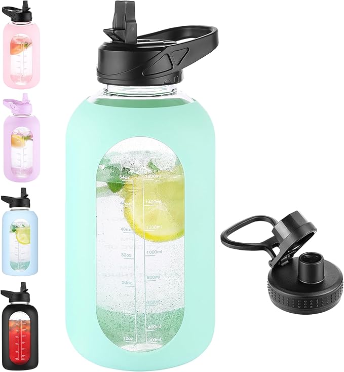 64 oz Glass Water Bottle With Straw and Handle, Half Gallon Sports Motivational Water Jug Flask with Silicone Sleeve, Large Water Cup with Time Marker for Travel, Gym, Seafoam-PawvioPets