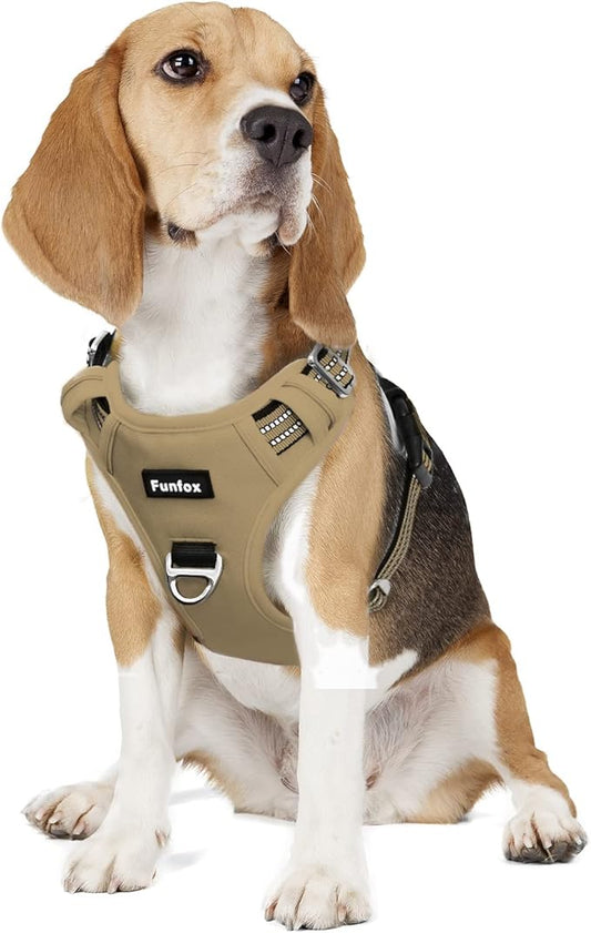 Funfox Dog Harness No Pull, Adjustable Pet Vest Harness, Super Soft Material with Vertical Handle Easy Control, Reflective Night Walking, 2 Leash Clips for Medium Sized Dogs, Brown, M-PawvioPets
