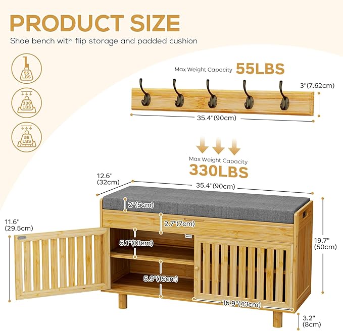 Coat Rack Shoe Bench Set, Bamboo Shoe Storage Bench with Seat Cushion & 5 Hooks, Hall Tree Entryway Bench with Lift Top Hidden Storage, 35.4" W x 12.6" D x 19.7" H, for Entryway, Living Room, Bedroom-PawvioPets