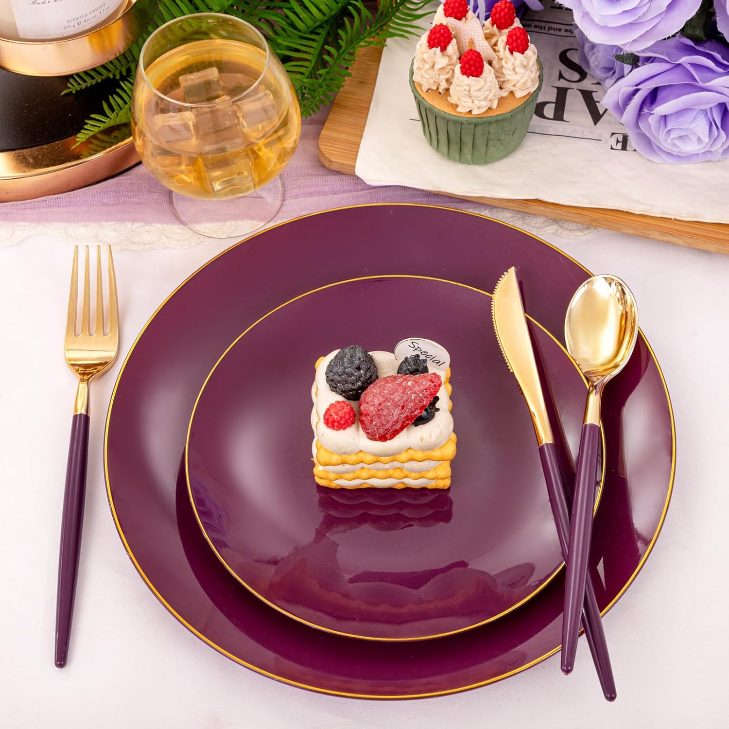 Liacere 150PCS Purple Plastic Plates - Gold Plastic Silverware with Purple Handle - Disposable Plates Include 30 Guests Plates, Forks, Spoons, Knives for Wedding&Father's Day&Independence Day