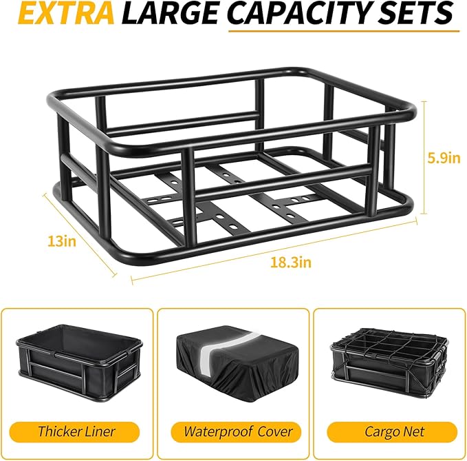 Bike Basket Rear with Liner,Waterproof Cover,Cargo Net Large Rear Bike Basket,Heavy Duty Bicycle Rear Basket for Electric Bike, Ebike,Great for Bike Trip,Carrying Grocery,Ball,Dog-PawvioPets