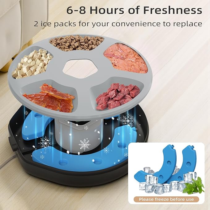 Automatic Pet Feeder for Wet & Dry Food, 5-Meal Timer Dispenser with 2 Ice Packs, Programmable Smart Feeder for Cats/Dogs – Keep Food Fresh Longer (Pet Feeder with 2 Ice Cube Tray)-PawvioPets