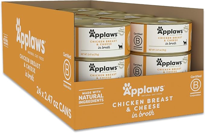 Applaws Wet Cat Food, 24 Count, Limited Ingredient Canned Wet Cat Food, Chicken Breast with Cheese in Broth, 2.47oz Cans-PawvioPets