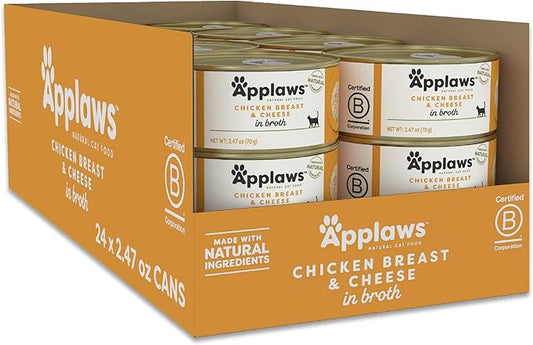 Applaws Wet Cat Food, 24 Count, Limited Ingredient Canned Wet Cat Food, Chicken Breast with Cheese in Broth, 2.47oz Cans-PawvioPets
