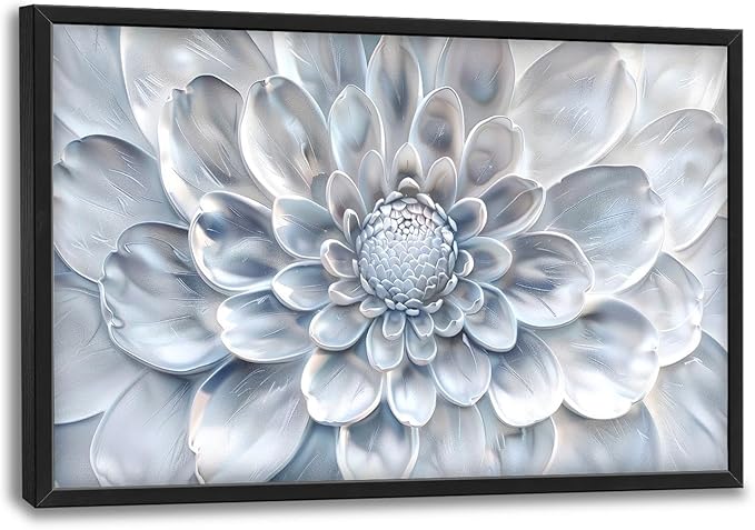 Abstract Flower Large Wall Art White Silver Floral Pictures Wall Decor Neutral Canvas Print Painting Artwork for Bathroom Living Room Bedroom 36L" x 24W"-PawvioPets