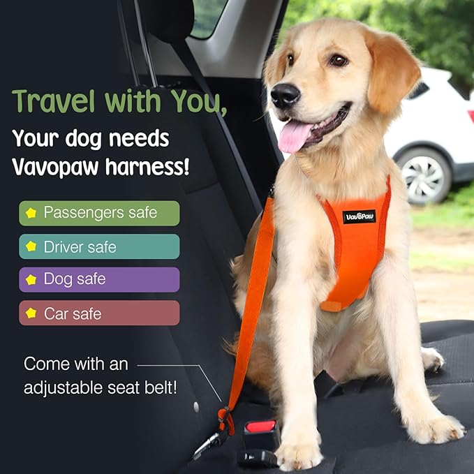 Dog Seat Belt, Safety Vest Dog Car Harness with Adjustable Buckle Dog Seat Belt for Vehicle Nylon Pet Safety Seat Belts Heavy Duty(M, Orange)-PawvioPets