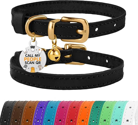 BRONZEDOG Leather Cat Collar with Removable Bells Non Breakaway Kitten QR Tag for Girl Boy (7" - 9" for Cats, Black & Gold)-PawvioPets