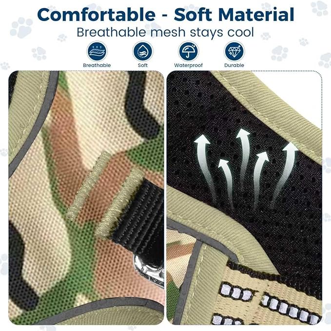 Funfox Dog Harness No Pull, Adjustable Pet Vest Harness, Super Soft Material with Vertical Handle Easy Control, Reflective Night Walking, 2 Leash Clips for Small Sized Dogs, Camo Green, S-PawvioPets