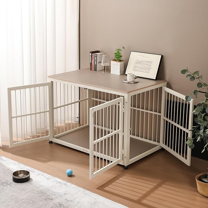 48" Rustic Heavy Duty Dog Crate Furniture for Extra Large Dogs, Decorative Pet House End Table, Wooden Cage Kennel Furniture Indoor, Double-Doors Sturdy Dog Cage-PawvioPets