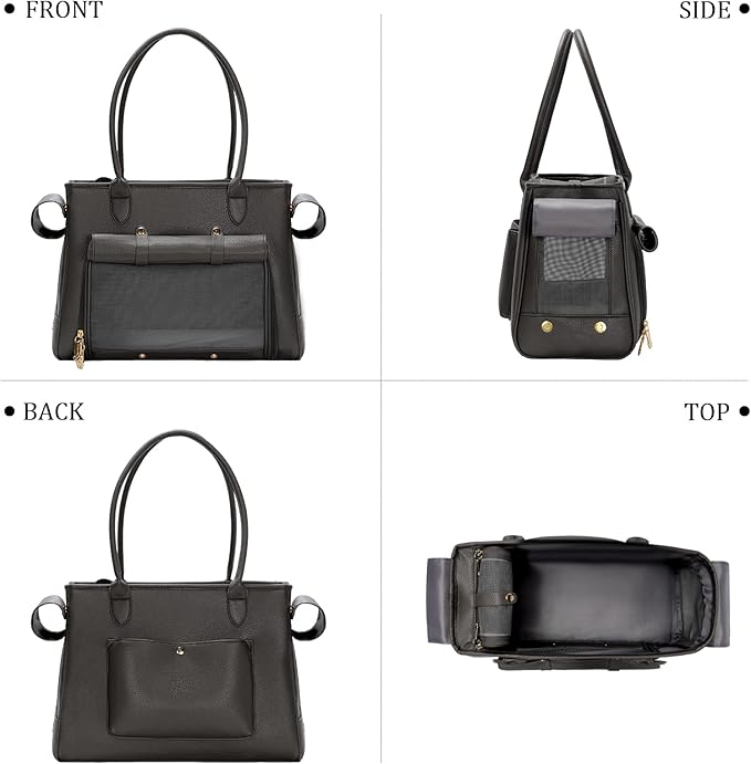 Fashion Pet Carrier Purse for Small Cat and Dog, Luxury Pu Soft-Sided Tote Bag with Large Pockets for Dogs and Puppies (Black, 15.8" L x 7.5" W x 11.8" H)-PawvioPets