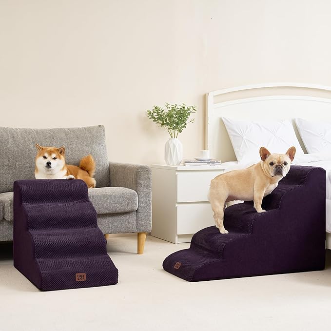 EHEYCIGA Curved Dog Stairs Ramp for High Beds 22.6" H, 5-Step Dog Steps for Small Dogs and Cats, Pet Stairs for High Bed Climbing, Non-Slip Balanced Pet Step Indoor, Purple-PawvioPets