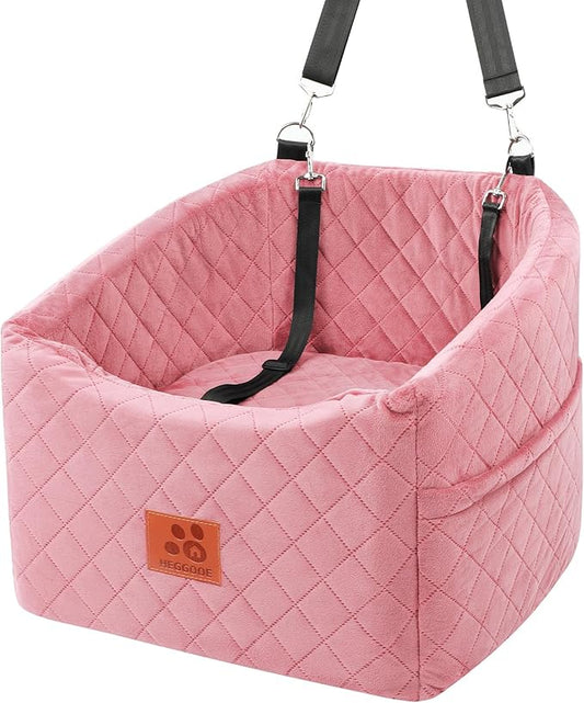 Dog Car Seat for Small Medium Dogs, Memory Foam Pet Booster Seat for Dogs up to 35 lbs, Elevated Dog Carseat, Travel Safety Bed with Washable Removable Cover and Storage Pockets (Pink)-PawvioPets