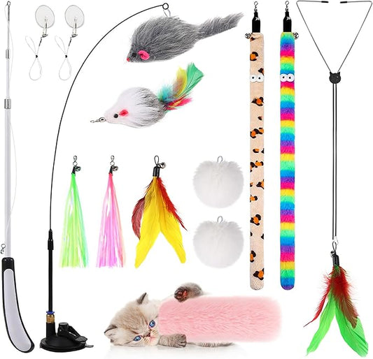 4-in-1 Interactive Cat Feather Toys with Durable Retractable Fishing Pole, Enhanced Suction Cup Toy, Door Hanging Teaser Toy and 11 Attachments Replacements for Bored Indoor Adult Cats-PawvioPets
