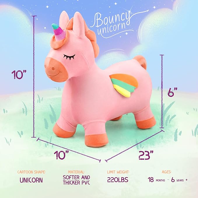 EVERICH TOY Bouncy Horse Unicorn Toys, Inflatable Bouncing Animal Hopping Toys, Outdoor Indoor Ride on Bouncer, Boys Girls Birthday Gift for 18 Month 2 3 4 5 6 Year Old Kid- Plush Unicorn Toy-PawvioPets
