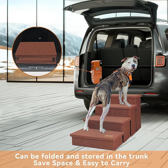 Dog Stairs with Storage 23" H, 4-Step Wider Dog Steps for High Beds Window, Folding Sturdy Pet Stairs Gift for Small/Medium/Large Old Dogs Cats, Ramp for Climbing Car Up to 200 lbs, Brown-PawvioPets