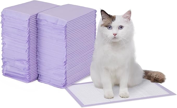 Amazon Basics Cat Pee Pads, 80 Count, Universal Fit for Litter Box, Odor Control with Lemon Scent, White/Purple-PawvioPets