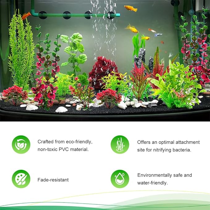 18-Piece Artificial Aquarium Plants Decorations – Large Set with Red & Green Foliage, Fish Tank Decor for Betta, Goldfish, Freshwater & Saltwater Tanks, Weighted Bases-PawvioPets