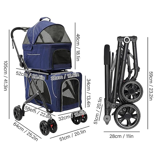 Double Pet Stroller,3.07lbs Dog Cat Carrying Cart,Lightweight Foldable Pet Stroller with 4 Wheels,Blue Portable Compact Pet Travel Cart for Small Dogs and Cats (Blue)-PawvioPets