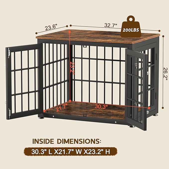 32 Inch Heavy Duty Dog Crate Furniture for Medium and Small Dogs, Decorative Pet House End Table, Wooden Cage Kennel Furniture Indoor, Rustic Brown-PawvioPets