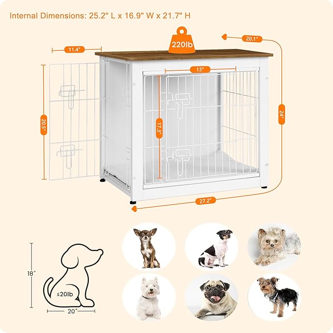 DWANTON Dog Crate Furniture with Cushion, Wooden Kennel Table with Double Doors, Indoor Dog House, Small/Medium/Large Size, 27.2" L, White+Warm Brown-PawvioPets