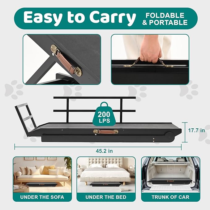 Dog Ramp for Bed, Adjustable Pet Ramps for Dog to Get on Bed, Non-Slip Rubber Surface - Folding Wooden Dog Ramp for Small/Large/Old Dogs, Adjustable up to 23.5 inch High Beds, Safety Railings-PawvioPets