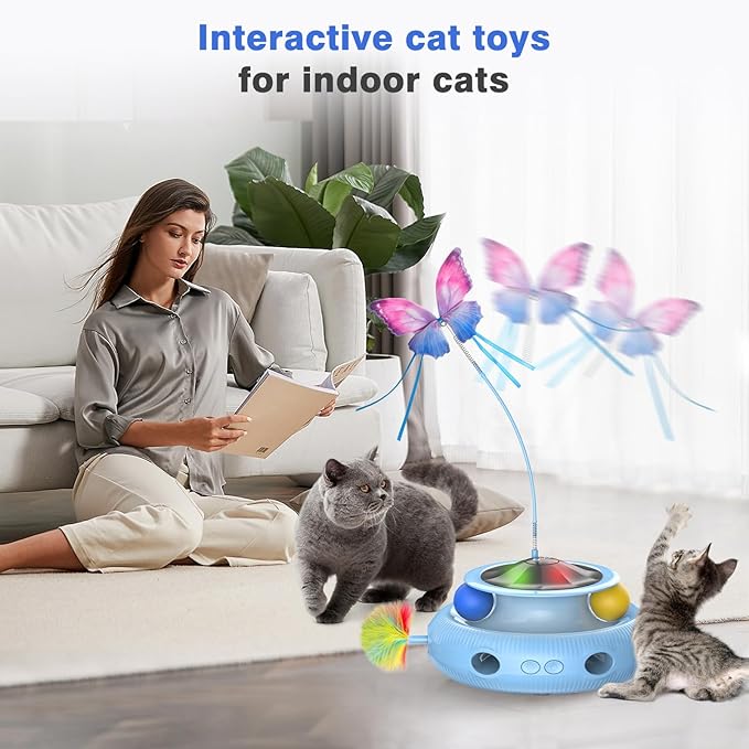 Automatic Interactive Cat Toys for Indoor Cats & Bored Adults - Kitten Toys with Fluttering Butterfly, Ambush Feather & Track Balls - Exercise & Stimulation for Playful Cats (Sky Blue)-PawvioPets