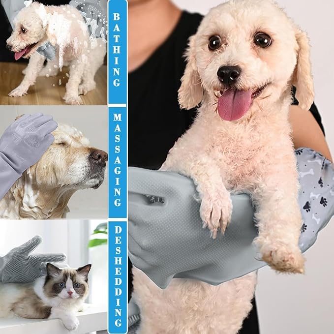 Dog Washing Gloves, Pet Grooming Gloves with Soft Brushes, Bathing and Massaging for Dogs and Cats, Silicone Heat Resistant Cleaning Gloves with High-Density Teeth (Gray)-PawvioPets