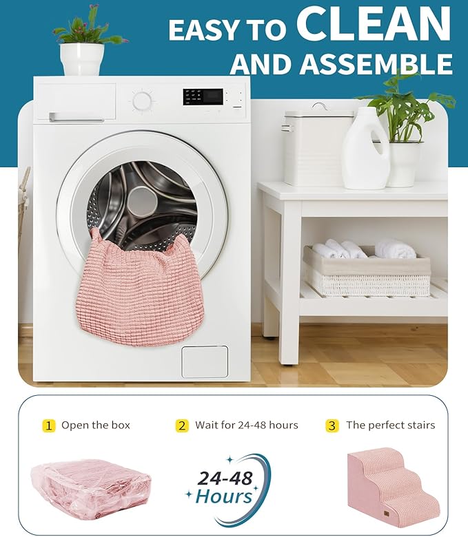 Dog Step for Bed, Dog Stair 3-Step 35D Pet Stair 15.7" H for High Bed or Sofa Non-Slip Balanced Pet Step Indoor, Pink-PawvioPets