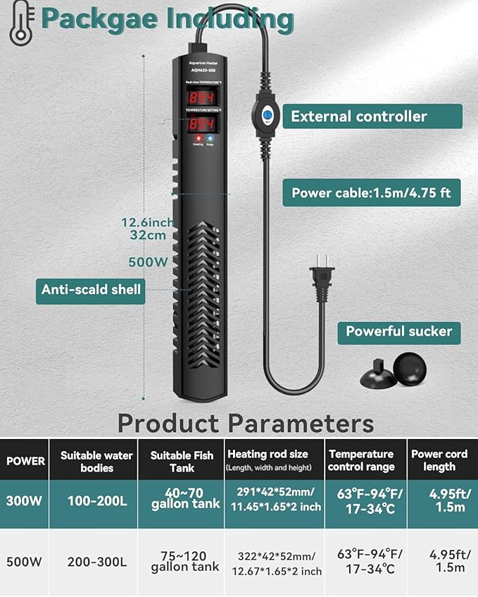 Aquarium Heater for 75 100 120 Gallon, 500W Submersible Fish Tank Water Heater with Accurate Temperature Control, Over-Temp Protect, Auto Shut-Off, Quick Heat up for Saltwater & Freshwater-PawvioPets