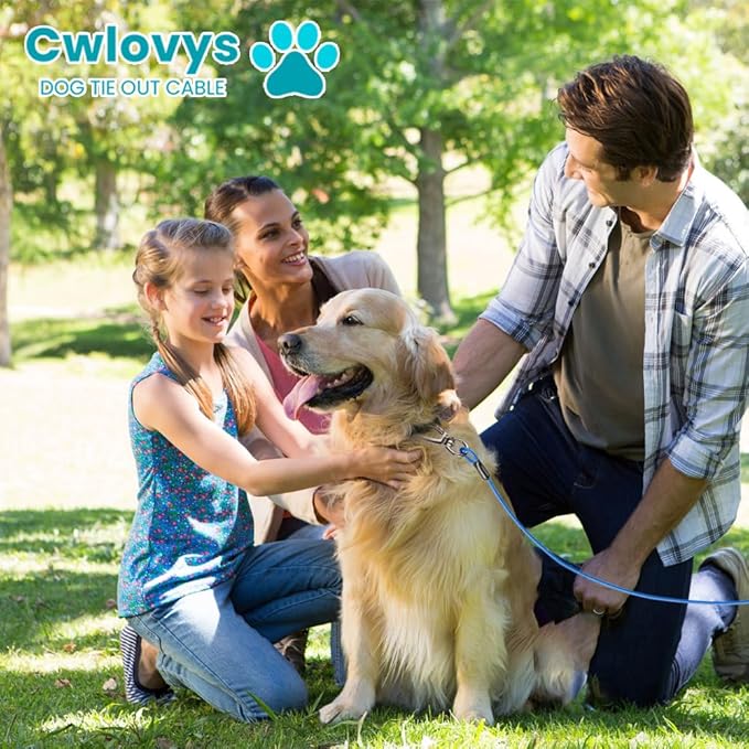 Dog Tie Out Cable, 50FT, Blue, Suitable for Dogs up to 350 pounds, Lightweight, Non-Winding, for Outdoor Use-PawvioPets