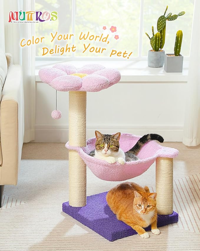 Flower Cat Scratching Post, 28" Cute Cat Tree Tower for Indoor Cats with Large Hammock Soft Perch Bed, Replaceable Toy Ball for Kittens, Purple-PawvioPets