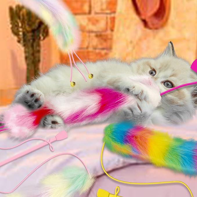 4 Pack Cat Wand Toy, Rainbow Cat Feather Toys with Bells, Teaser Wand with Soft Furry Tail, Interactive Toys for Indoor Cats & Kitten & Kitty-PawvioPets