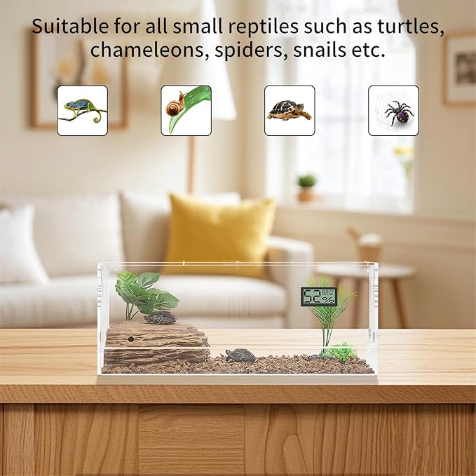 Acrylic Tarantula Enclosure, Reptile Terrarium Breeding Tank w/Temperature Hygrometer,Habitat Reptiles Feeding Box Isopod Terrarium Cage for Insect Lizard Home Office (Reptile-Tank-L(Tray))-PawvioPets