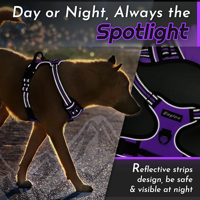 Eagloo Dog Harness Small Sized Dog, No Pull Service Vest with Reflective Strips and Control Handle, Adjustable and Comfortable for Walking, No Choke Pet Harness with 2 Metal Rings, Purple, S-PawvioPets
