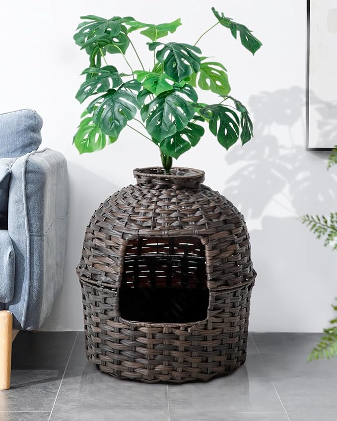 Cat Litter Box Plant Furniture Enclosure, Hidden Handwoven Rattan with Cat Litter Box and Artificial Plants, Odor Control Filter, Real Stones in Living Room, Bedroom, Corner (Brown)-PawvioPets