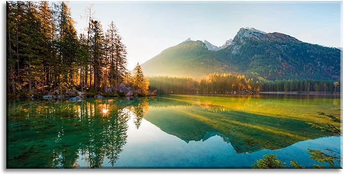 Beautiful Lake Mountain Range Sunrise Sunset Landscape Canvas Wall Art for Living Room, Autumn Forest National Park Scenery, Nature Scenic Picture Print Artwork Painting Decor,Inner Frame 20x40-PawvioPets