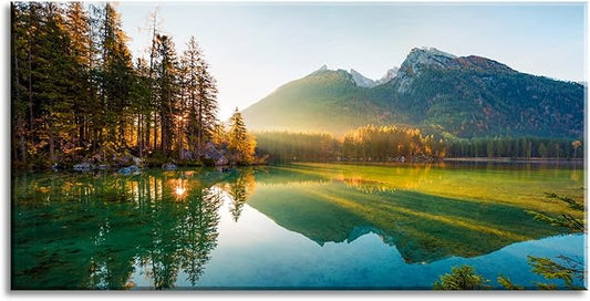 Beautiful Lake Mountain Range Sunrise Sunset Landscape Canvas Wall Art for Living Room, Autumn Forest National Park Scenery, Nature Scenic Picture Print Artwork Painting Decor,Inner Frame 20x40-PawvioPets