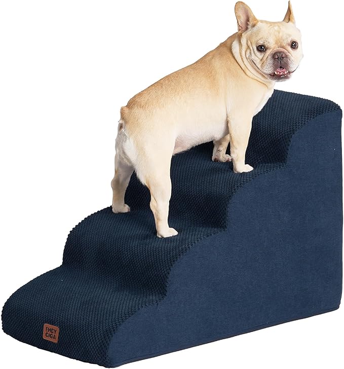 EHEYCIGA Curved Dog Stairs Ramp for High Beds 19.7" H, 4-Step Dog Steps for Small Dogs and Cats, Pet Stairs for High Bed Climbing, Non-Slip Balanced Pet Step Indoor, Navy-PawvioPets
