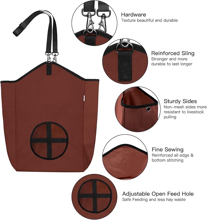 3 Packs Goat Hay Feeder,Hay Bags for Goats,Horses,Sheep,Premium 600D Oxford Cloth,with Metal Fastener and Adjustable Open Feed Hole for Slow Feeding. (2Brown + 1Black)-PawvioPets