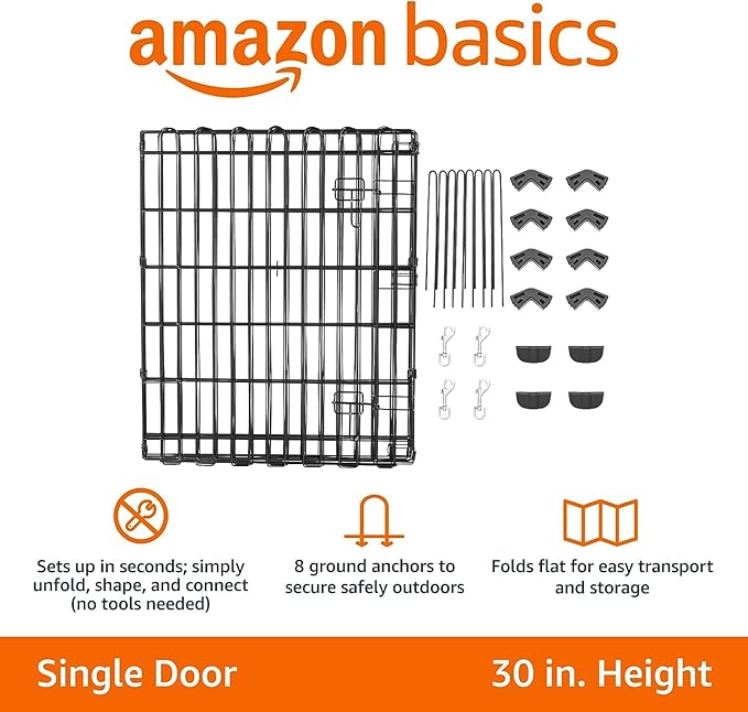 Amazon Basics Foldable Octagonal Metal Exercise Dog Playpen - Indoor/Outdoor, Single Door, Small (8 Panels, 24 x 30), Easy to assemble and store, 30" - Small, , Black-PawvioPets