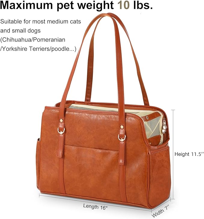 Dog Carrier Purse, Fashion Leather Pet Carrier with Pockets, Airline Approved Soft Sided Dog Carrying Bag for Puppy Cat Dog Brown-PawvioPets